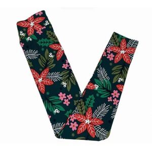LuLaRoe Girls Leggings Size L/XL Poinsettia Floral Holiday Christmas Kids NWT